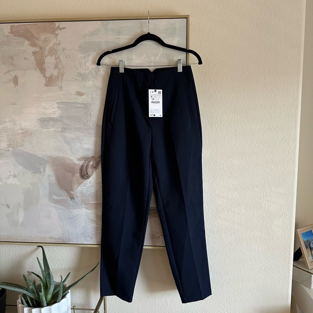 Zara High Waisted Trousers Pants - Navy